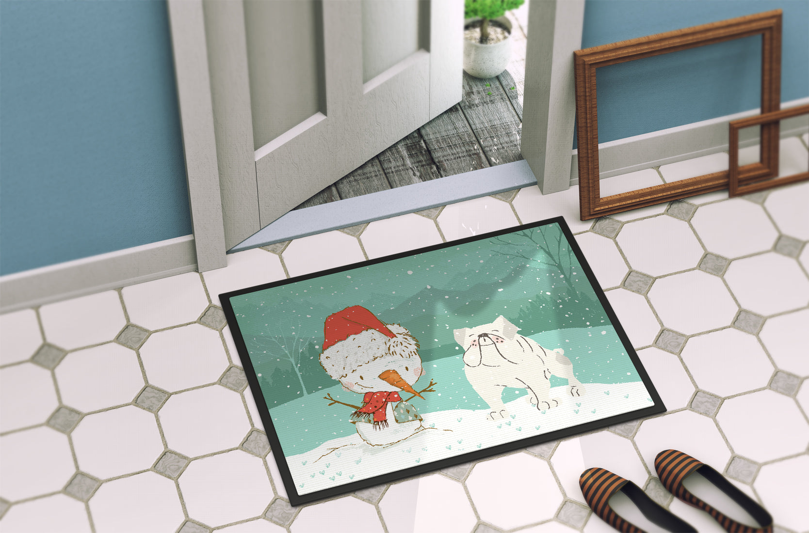 White English Bulldog Snowman Christmas Indoor or Outdoor Mat 18x27 CK2054MAT - the-store.com