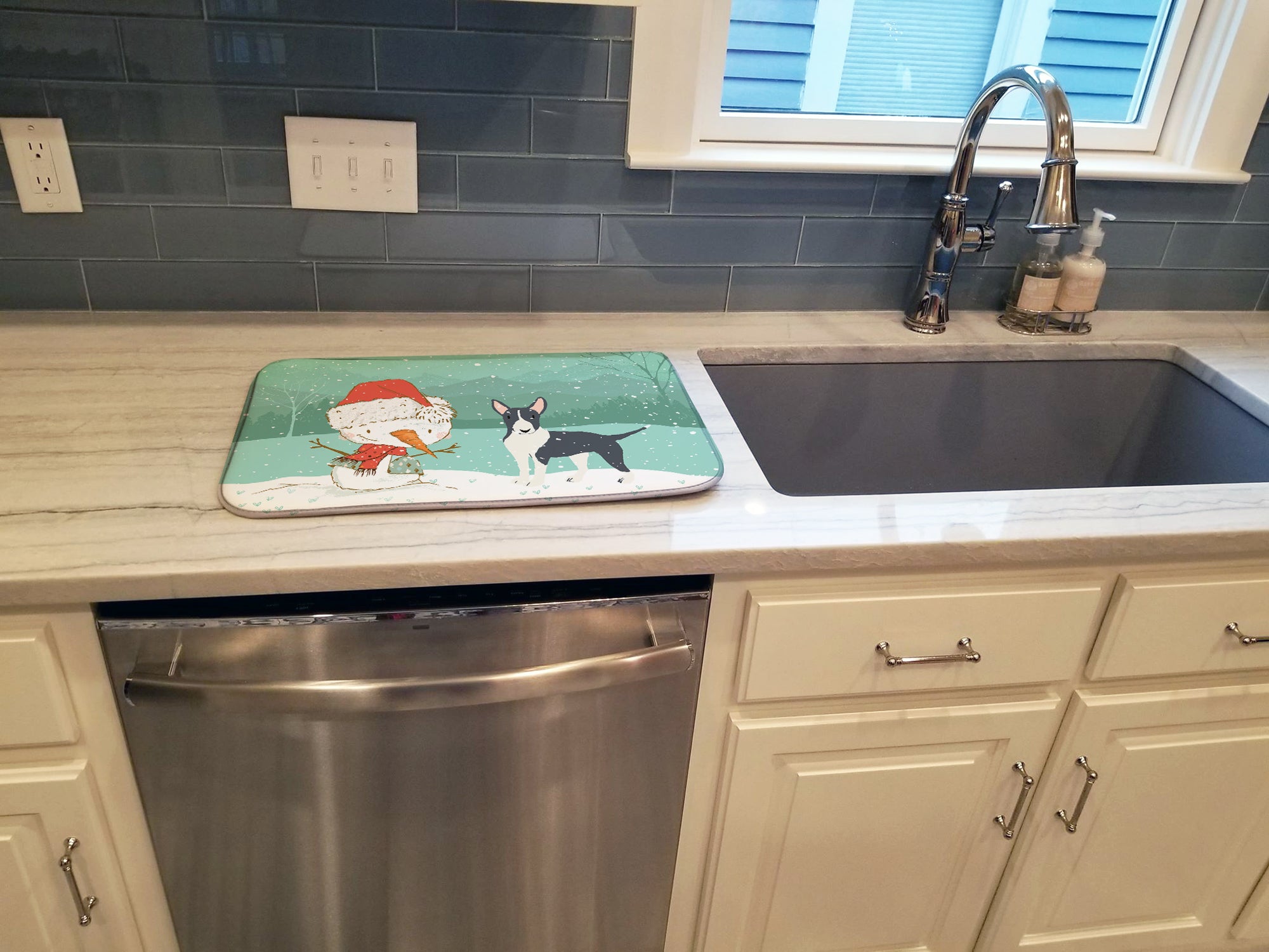 Black Bull Terrier Snowman Christmas Dish Drying Mat CK2055DDM  the-store.com.