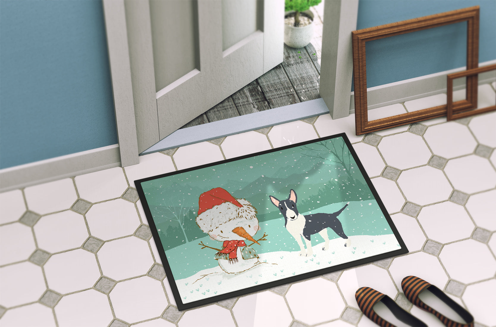 Black Bull Terrier Snowman Christmas Indoor or Outdoor Mat 18x27 CK2055MAT - the-store.com