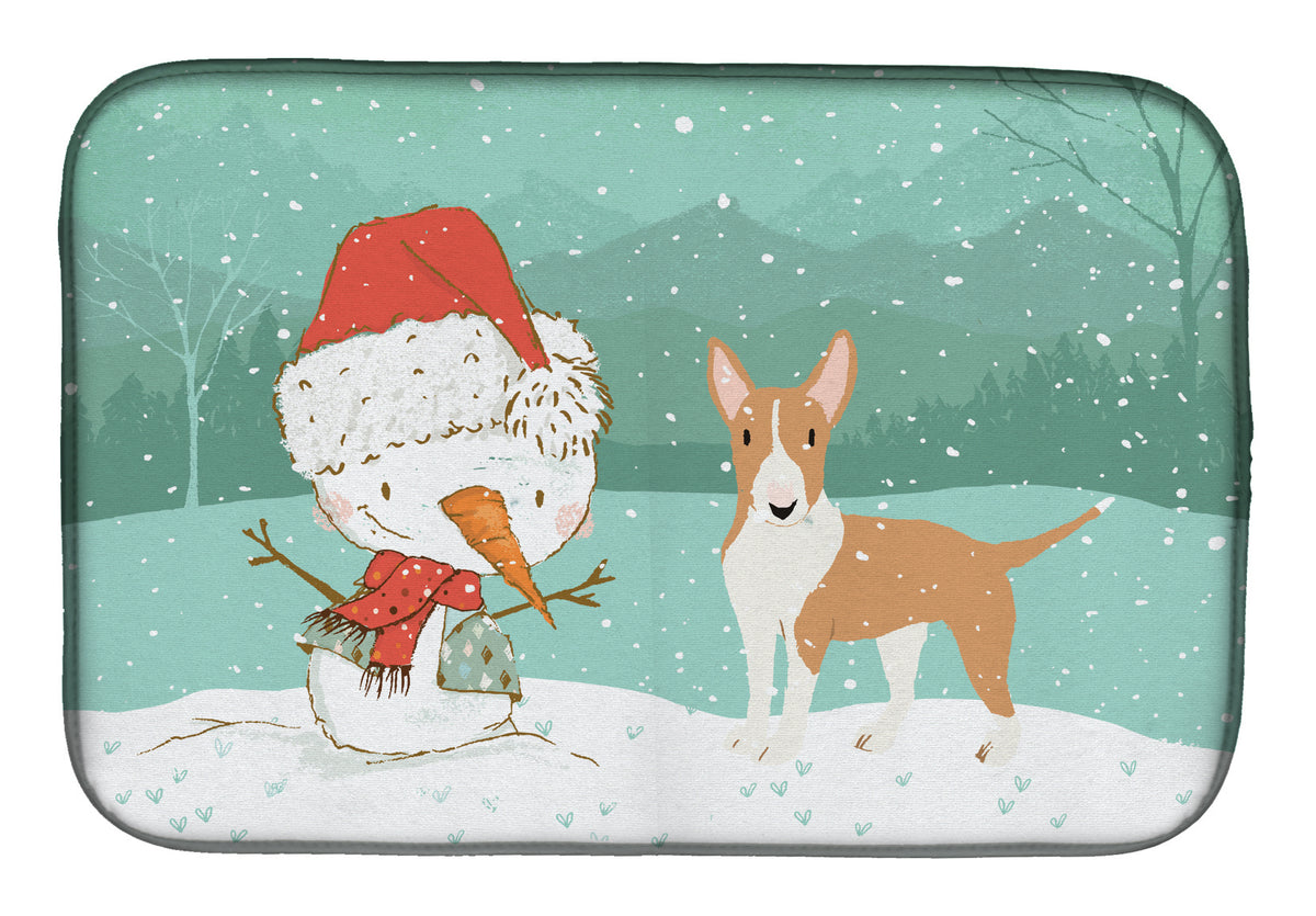 Fawn Bull Terrier Snowman Christmas Dish Drying Mat CK2056DDM