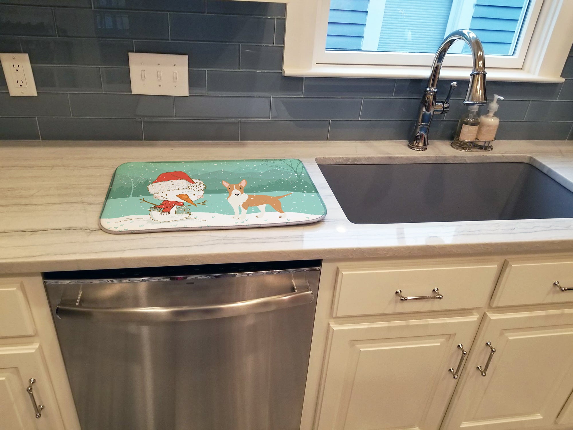 Fawn Bull Terrier Snowman Christmas Dish Drying Mat CK2056DDM