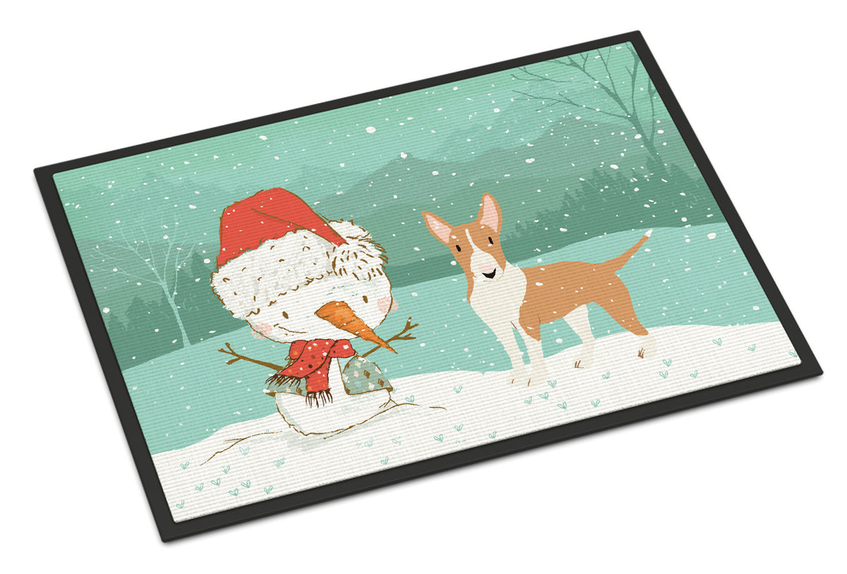 Fawn Bull Terrier Snowman Christmas Indoor or Outdoor Mat 18x27 CK2056MAT - the-store.com