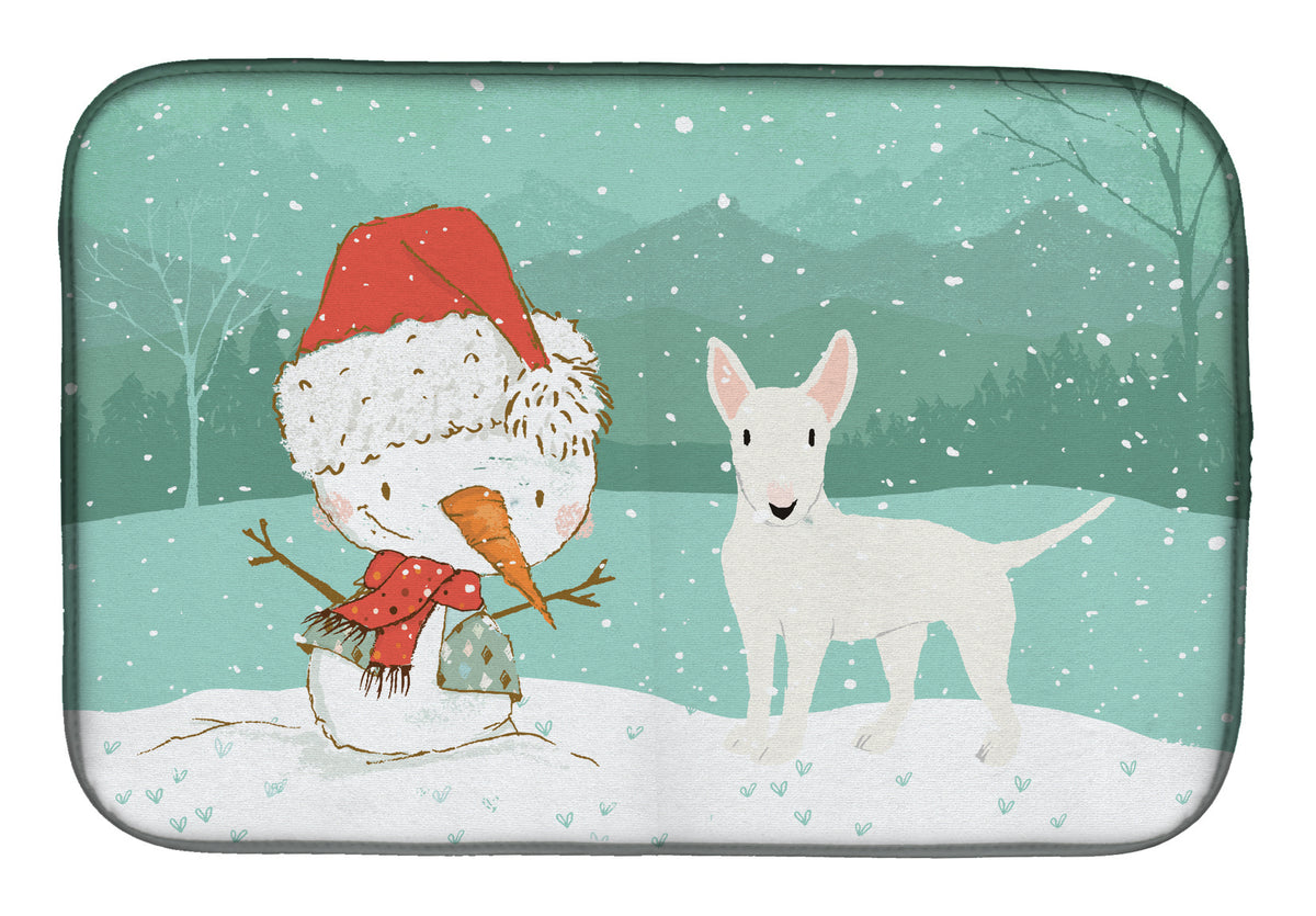 White Bull Terrier Snowman Christmas Dish Drying Mat CK2058DDM  the-store.com.