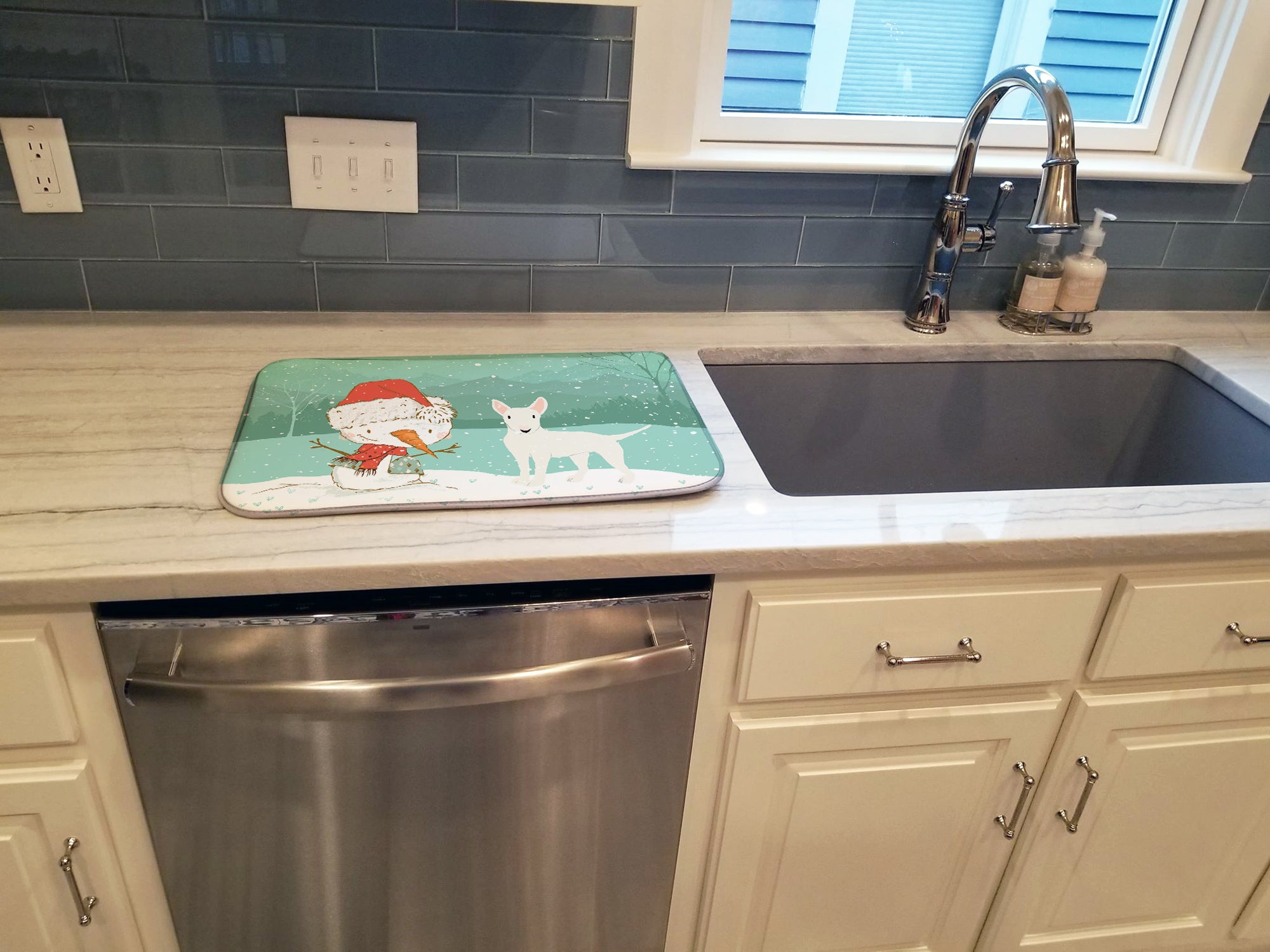 White Bull Terrier Snowman Christmas Dish Drying Mat CK2058DDM
