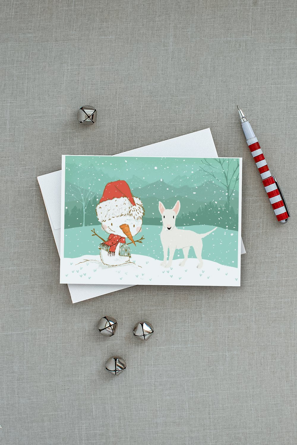 White Bull Terrier Snowman Christmas Greeting Cards and Envelopes Pack of 8 - the-store.com