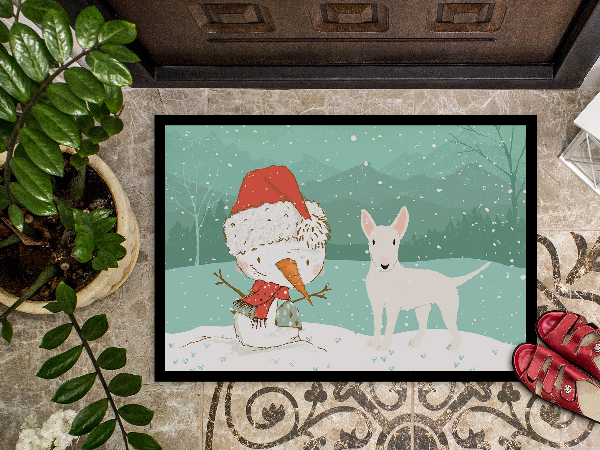 White Bull Terrier Snowman Christmas Indoor or Outdoor Mat 18x27 CK2058MAT - the-store.com