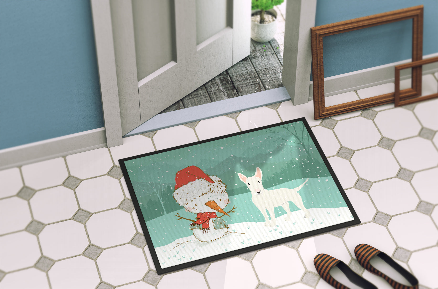 White Bull Terrier Snowman Christmas Indoor or Outdoor Mat 18x27 CK2058MAT - the-store.com