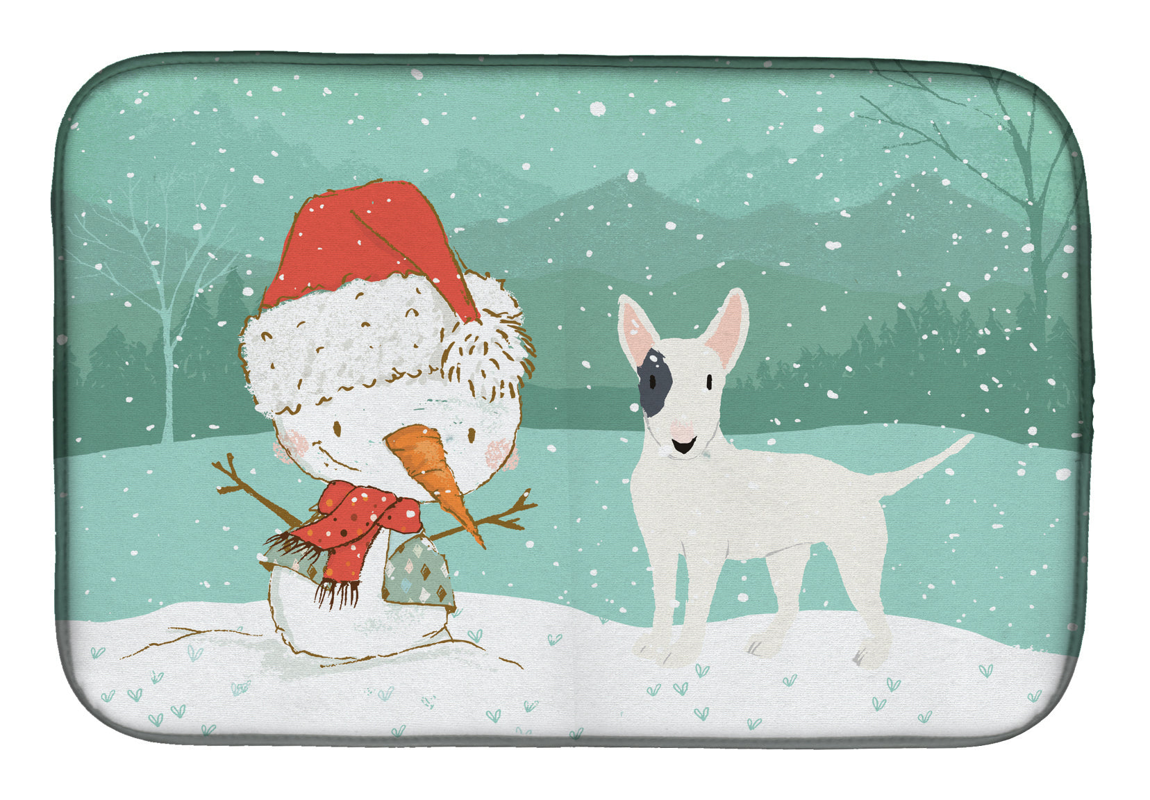 White Spot Bull Terrier Snowman Christmas Dish Drying Mat CK2059DDM
