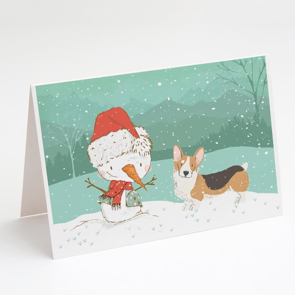 Buy this Tricolor Pembroke Corgi Snowman Christmas Greeting Cards and Envelopes Pack of 8