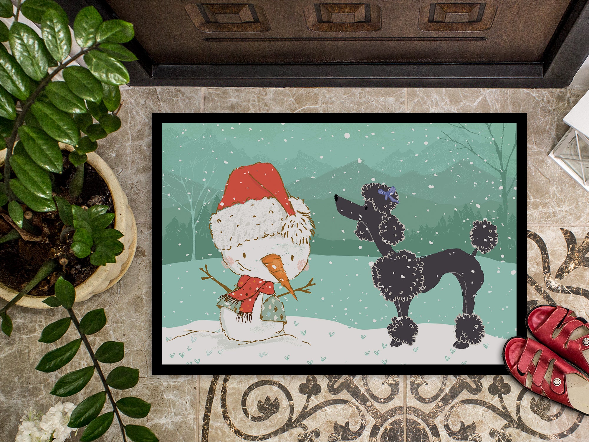 Black Poodle Snowman Christmas Indoor or Outdoor Mat 18x27 CK2064MAT - the-store.com