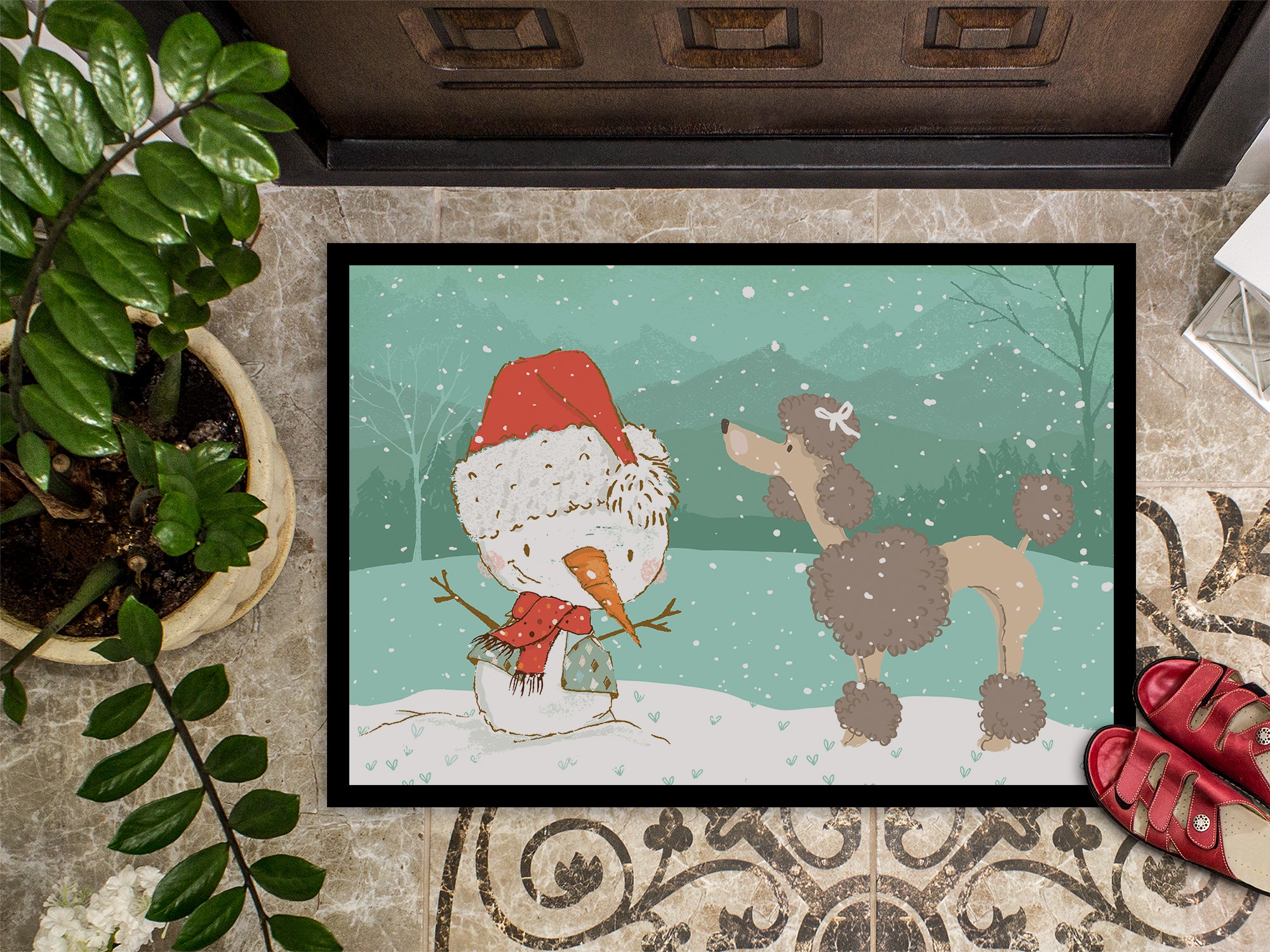 Chocolate Poodle Snowman Christmas Indoor or Outdoor Mat 18x27 CK2065MAT - the-store.com