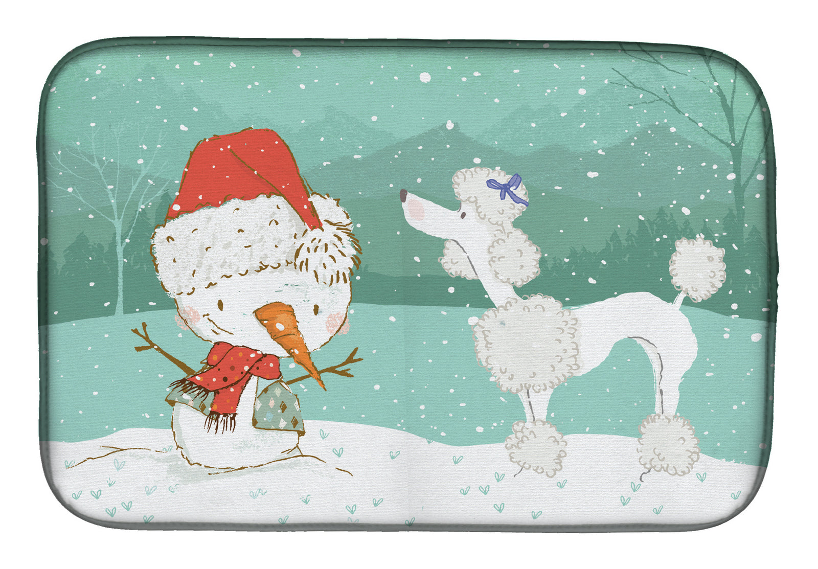 White Poodle Snowman Christmas Dish Drying Mat CK2067DDM  the-store.com.