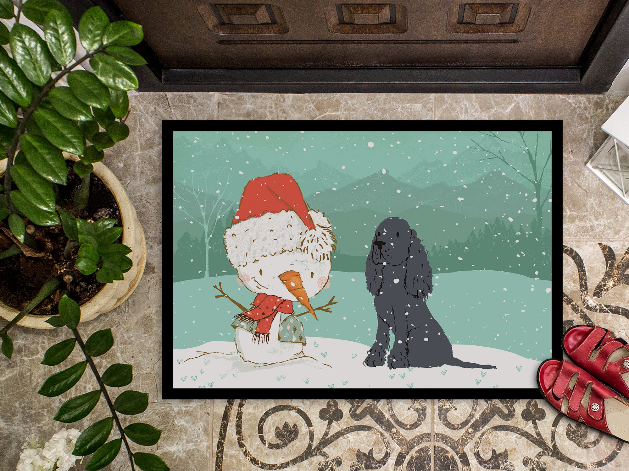 Black Spaniel Snowman Christmas Indoor or Outdoor Mat 18x27 CK2070MAT - the-store.com