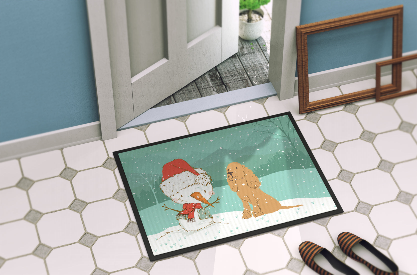 Tan Spaniel Snowman Christmas Indoor or Outdoor Mat 18x27 CK2071MAT - the-store.com