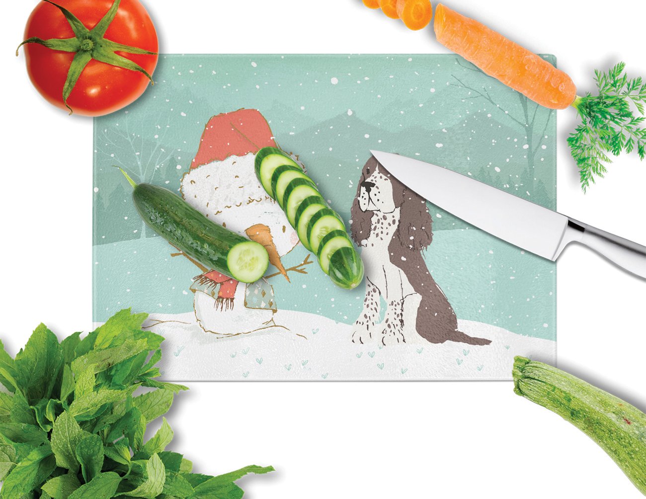 Caroline's Treasures Brown English Springer Spaniel Snowman Christmas Glass Cutting Boards – Durable, Decorative Kitchen Art Large CK2074LCB
