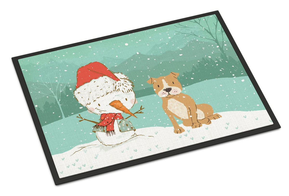 Brown Staffie Snowman Christmas Indoor or Outdoor Mat 24x36 CK2076JMAT by Caroline&#39;s Treasures