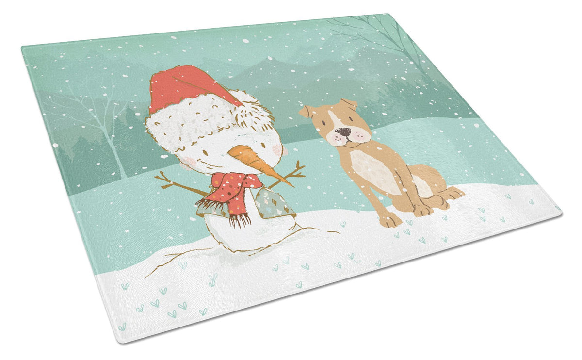 Brown Staffie Snowman Christmas Glass Cutting Board Large CK2076LCB by Caroline&#39;s Treasures
