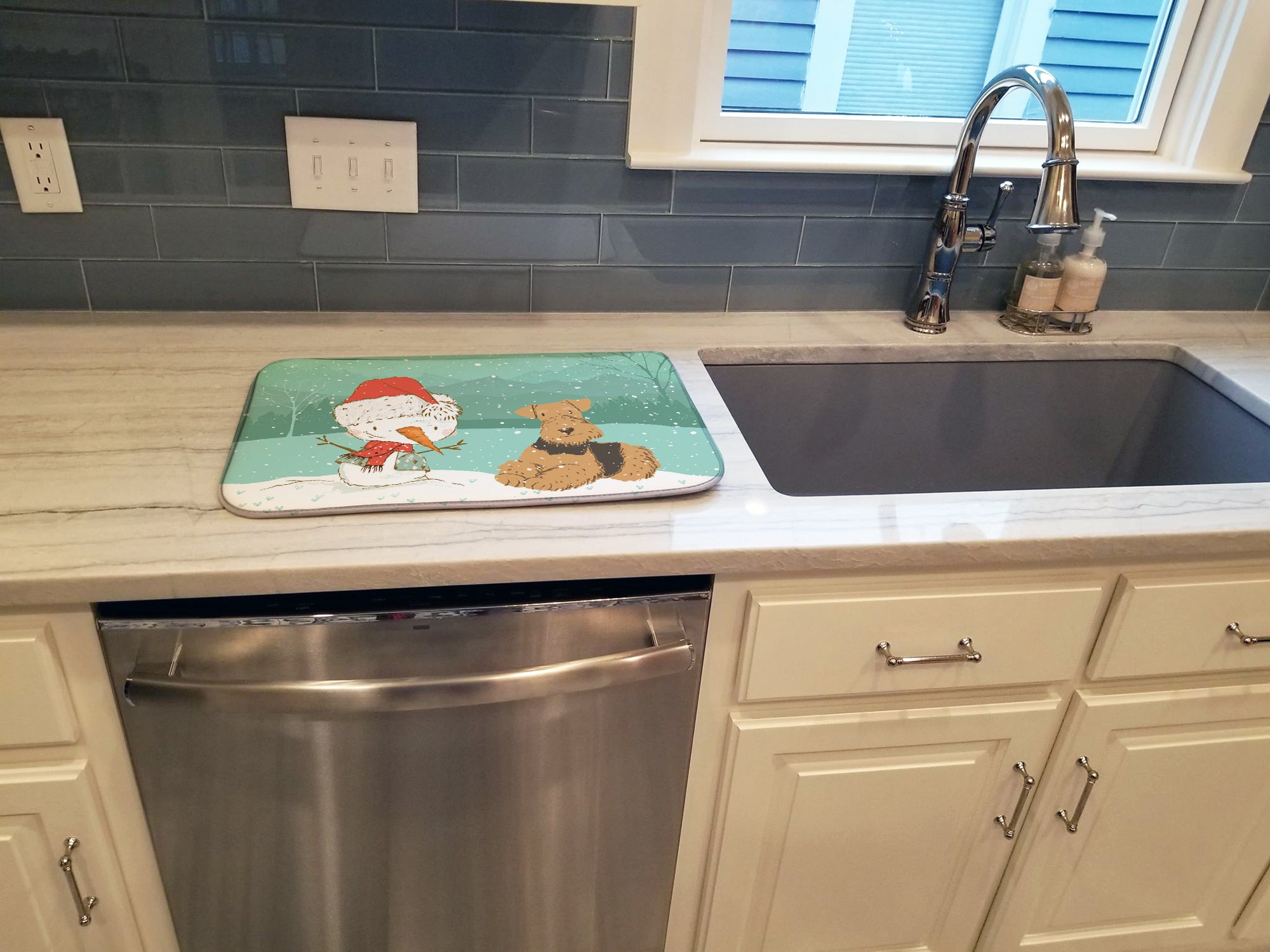 Airedale Terrier Snowman Christmas Dish Drying Mat CK2078DDM