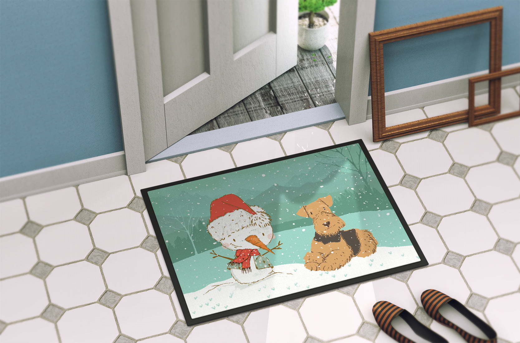 Airedale Terrier Snowman Christmas Indoor or Outdoor Mat 18x27 CK2078MAT - the-store.com