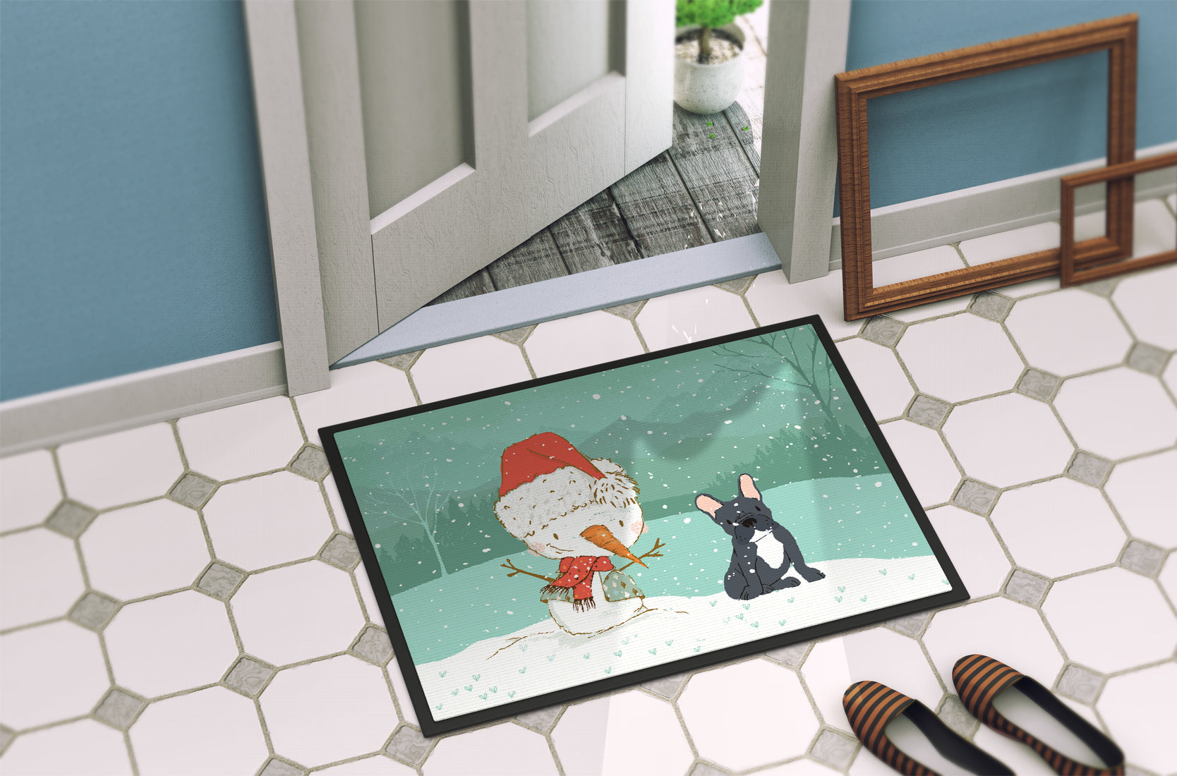 Black French Bulldog Snowman Christmas Indoor or Outdoor Mat 18x27 CK2085MAT - the-store.com