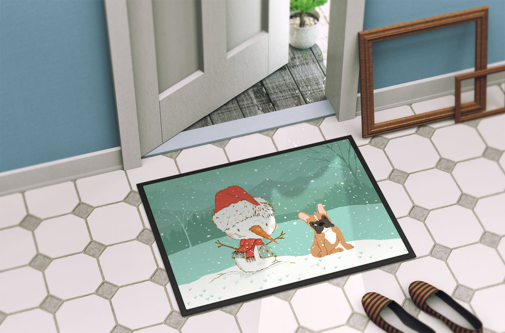 Fawn French Bulldog Snowman Christmas Indoor or Outdoor Mat 18x27 CK2086MAT - the-store.com