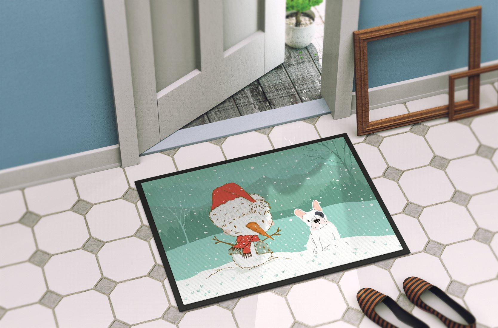 Piebald French Bulldog Snowman Christmas Indoor or Outdoor Mat 24x36 CK2087JMAT by Caroline's Treasures