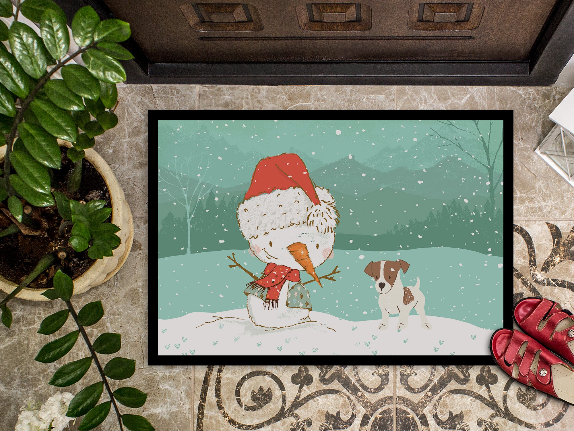 Jack Russell Terrier #2 Snowman Christmas Indoor or Outdoor Mat 18x27 CK2091MAT - the-store.com