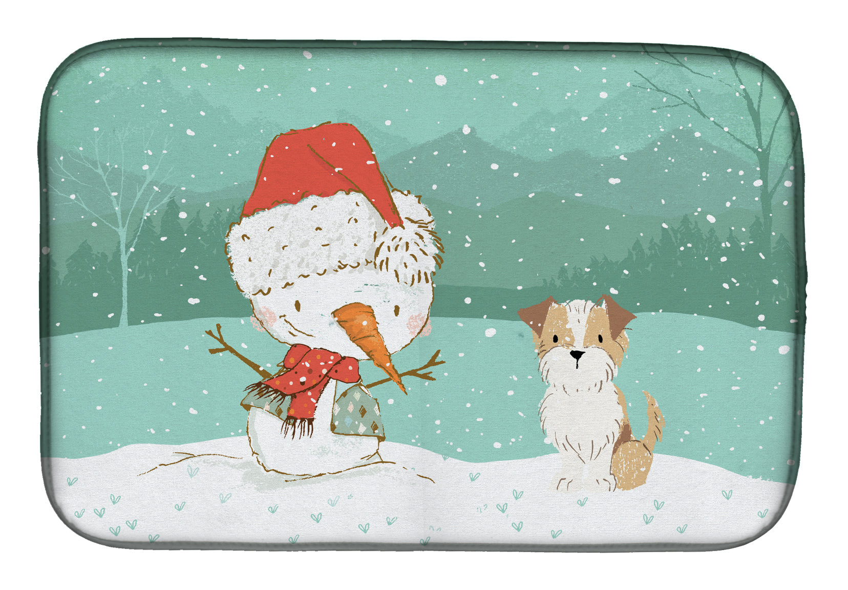 Brown and White Terrier Snowman Christmas Dish Drying Mat CK2096DDM