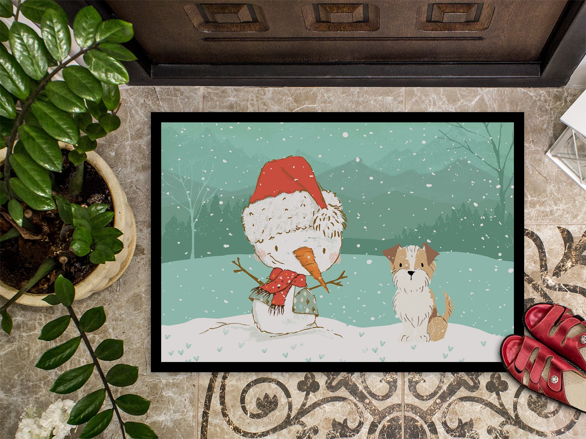 Brown and White Terrier Snowman Christmas Indoor or Outdoor Mat 18x27 CK2096MAT - the-store.com
