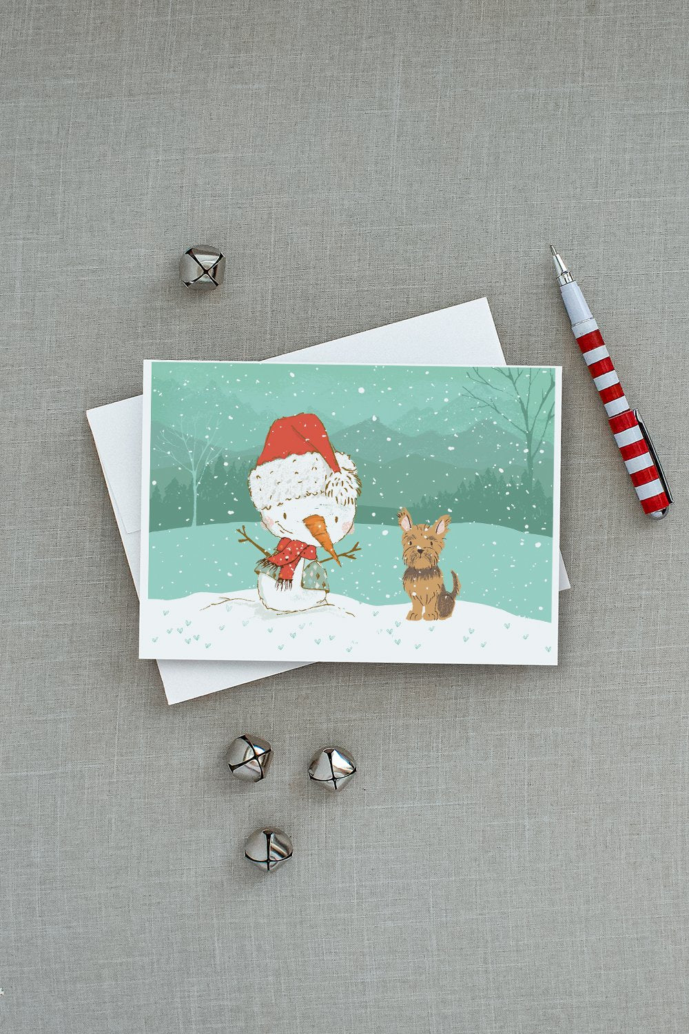 Yorkie Cropped Ears Snowman Christmas Greeting Cards and Envelopes Pack of 8 - the-store.com