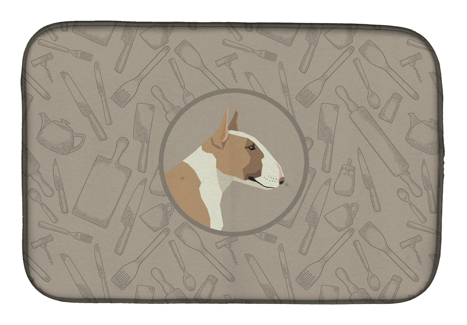 Fawn and White Bull Terrier In the Kitchen Dish Drying Mat CK2175DDM