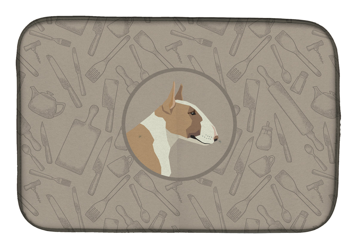 Fawn and White Bull Terrier In the Kitchen Dish Drying Mat CK2175DDM  the-store.com.