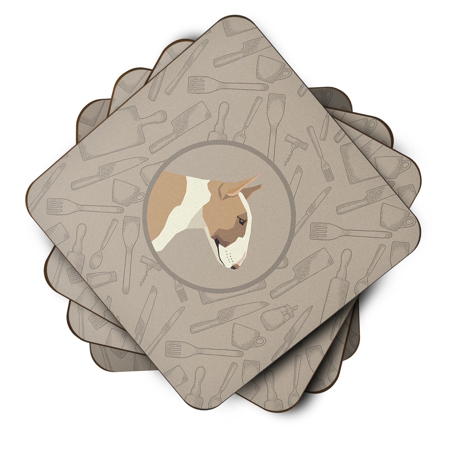 Fawn and White Bull Terrier In the Kitchen Foam Coaster Set of 4 CK2175FC - the-store.com