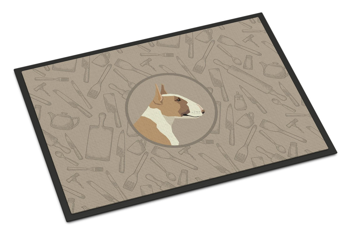 Fawn and White Bull Terrier In the Kitchen Indoor or Outdoor Mat 24x36 CK2175JMAT by Caroline&#39;s Treasures