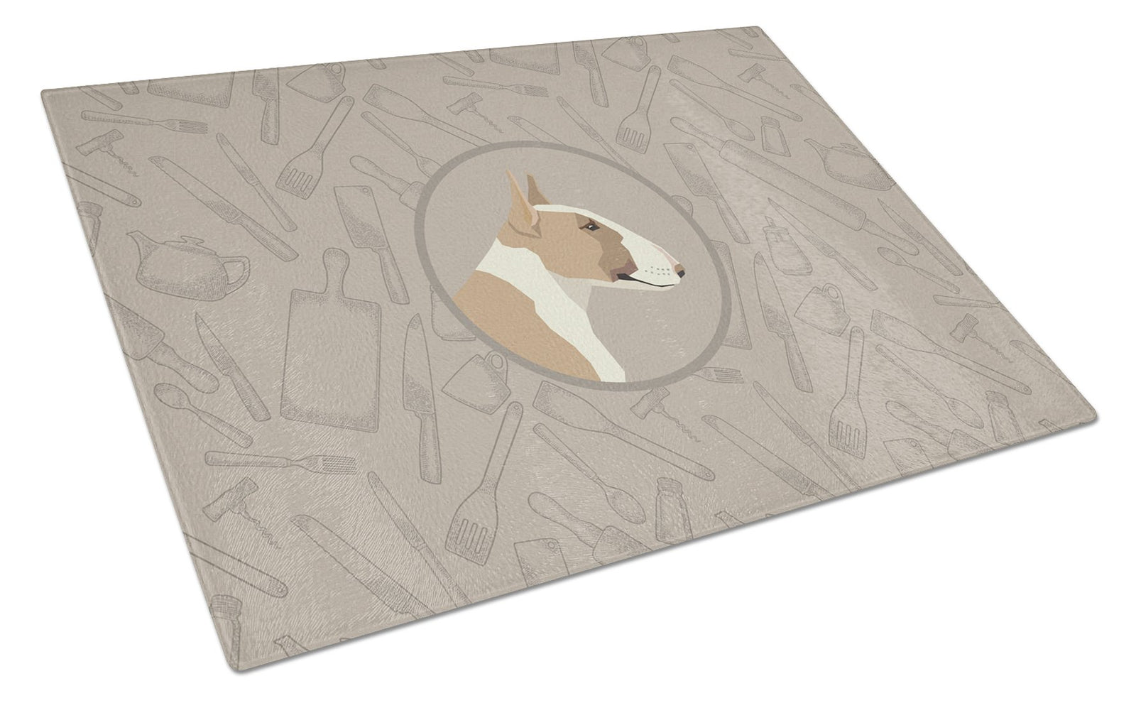 Fawn and White Bull Terrier In the Kitchen Glass Cutting Board Large CK2175LCB by Caroline's Treasures