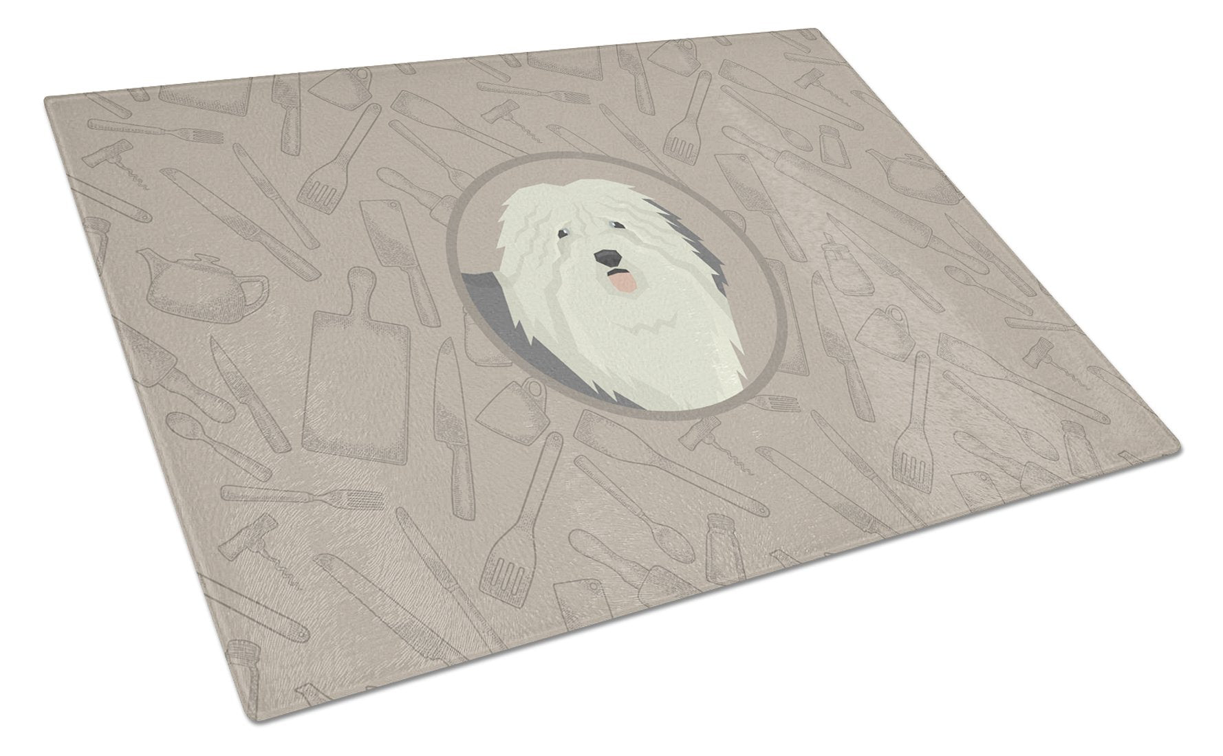 Old English Sheepdog In the Kitchen Glass Cutting Board Large CK2199LCB by Caroline's Treasures
