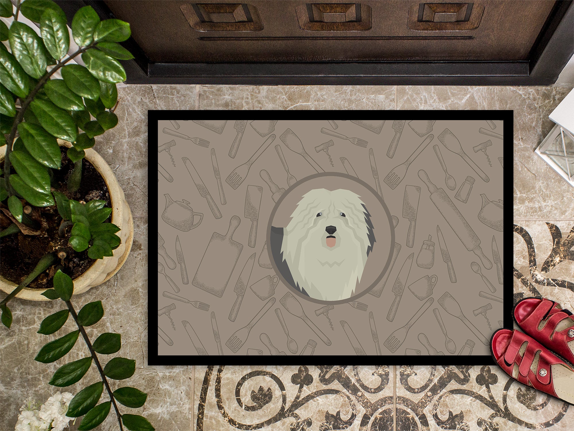 Old English Sheepdog In the Kitchen Indoor or Outdoor Mat 18x27 CK2199MAT - the-store.com