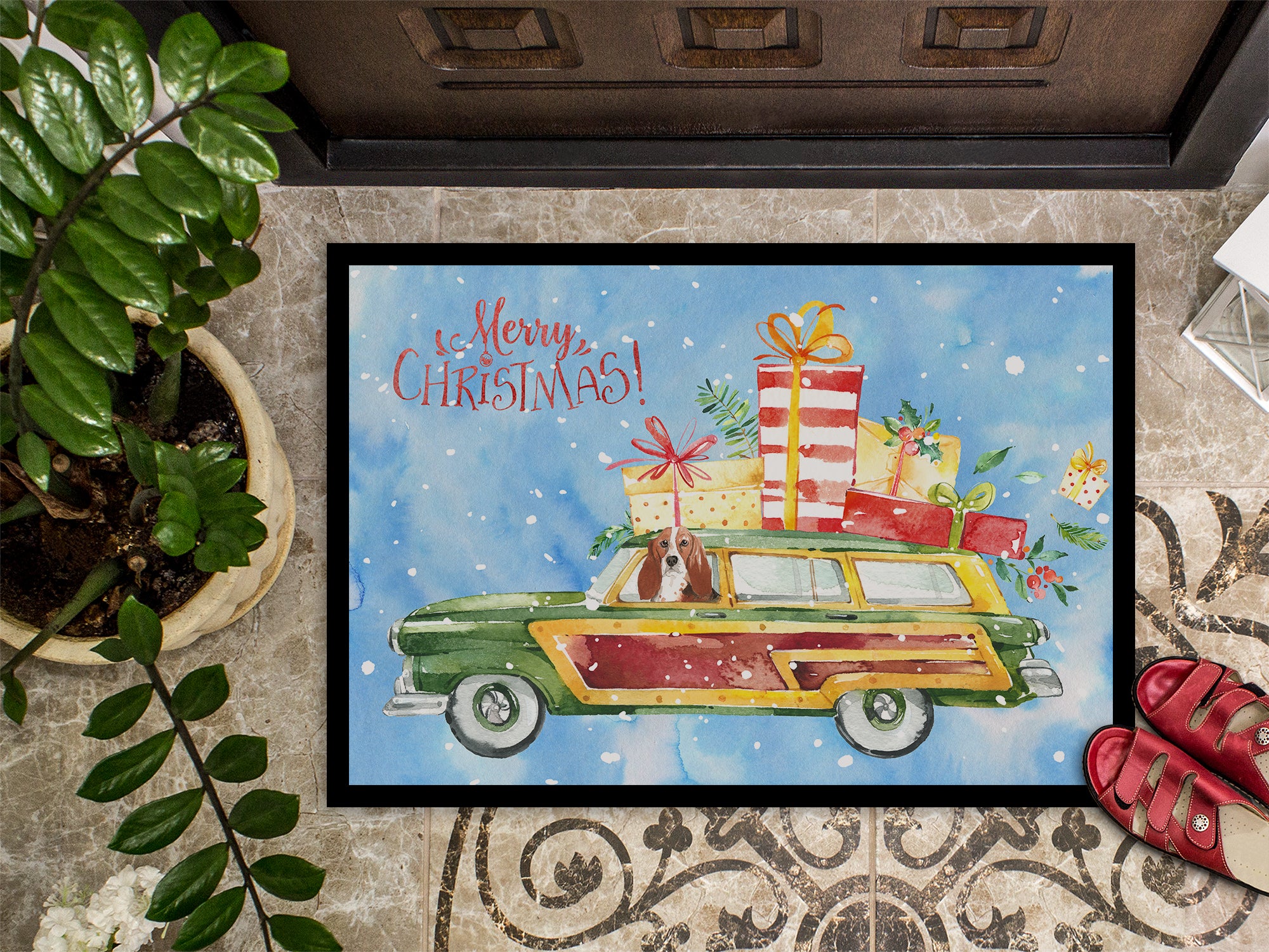 Merry Christmas Basset Hound Indoor or Outdoor Mat 18x27 CK2393MAT - the-store.com