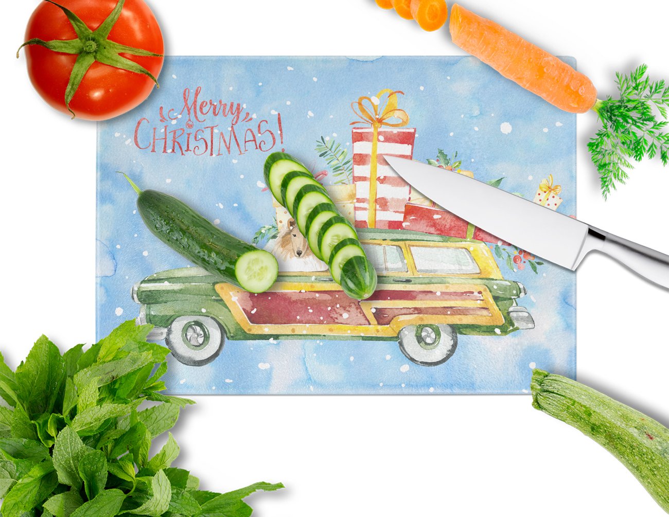 Caroline's Treasures Merry Christmas Collie Glass Cutting Boards – Durable, Decorative Kitchen Art Large CK2418LCB