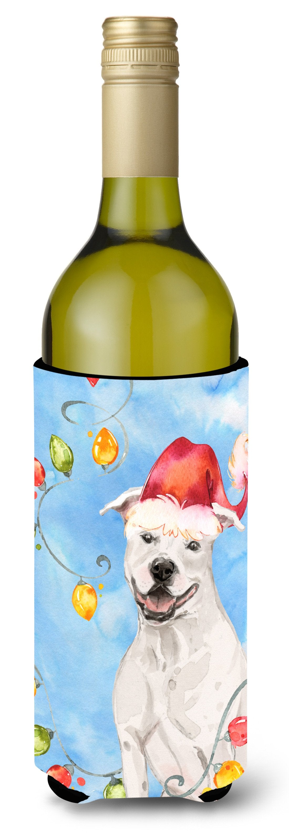 Christmas Lights White Staffie Bull Terrier Wine Bottle Beverage Insulator Hugger CK2503LITERK by Caroline&#39;s Treasures
