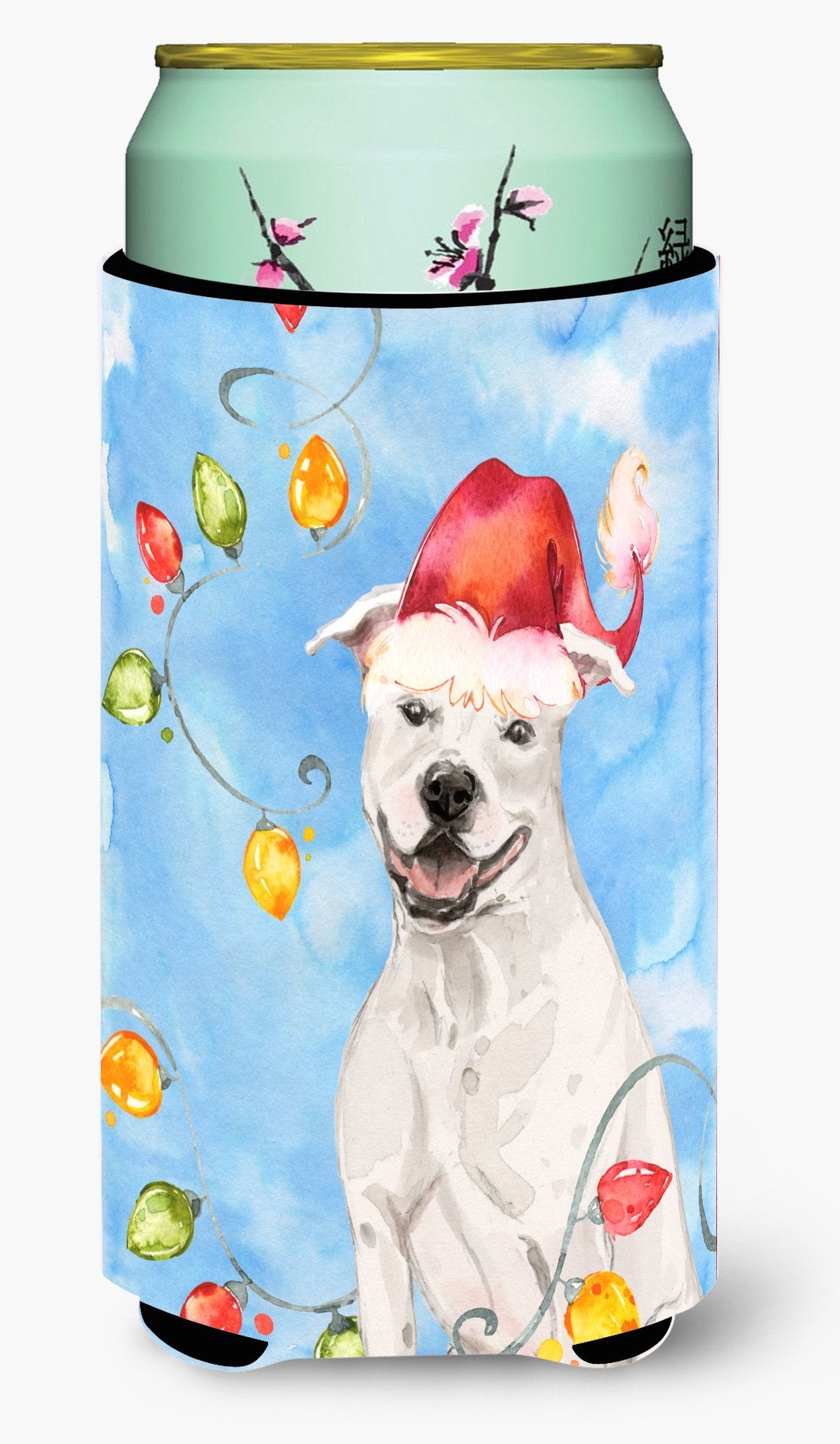 Christmas Lights White Staffie Bull Terrier Tall Boy Beverage Insulator Hugger CK2503TBC by Caroline&#39;s Treasures