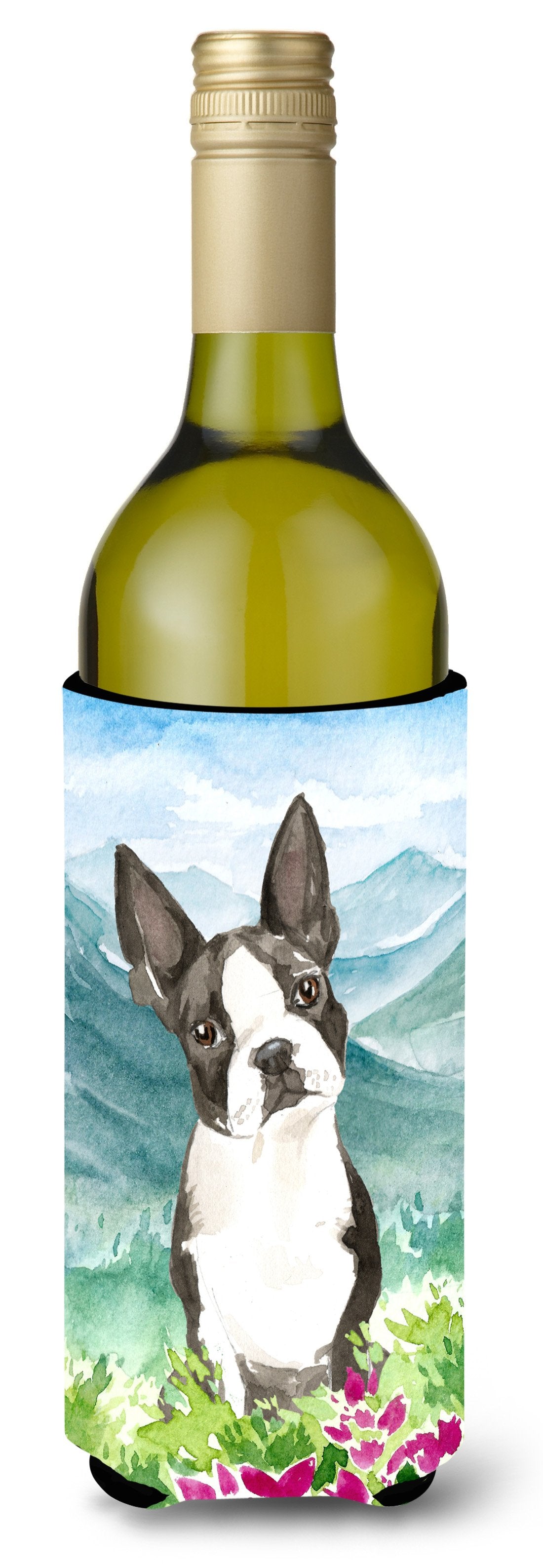 Mountain Flowers Boston Terrier Wine Bottle Beverage Insulator Hugger CK2544LITERK by Caroline&#39;s Treasures