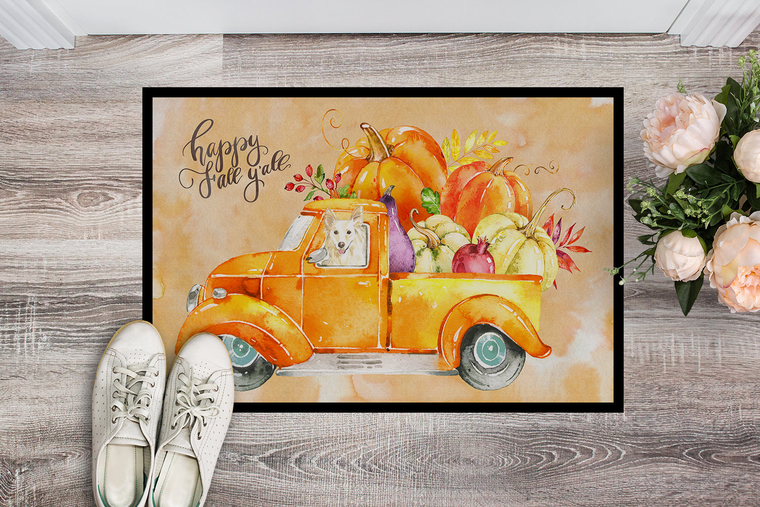 Fall Harvest White Collie Indoor or Outdoor Mat 18x27 CK2641MAT - the-store.com