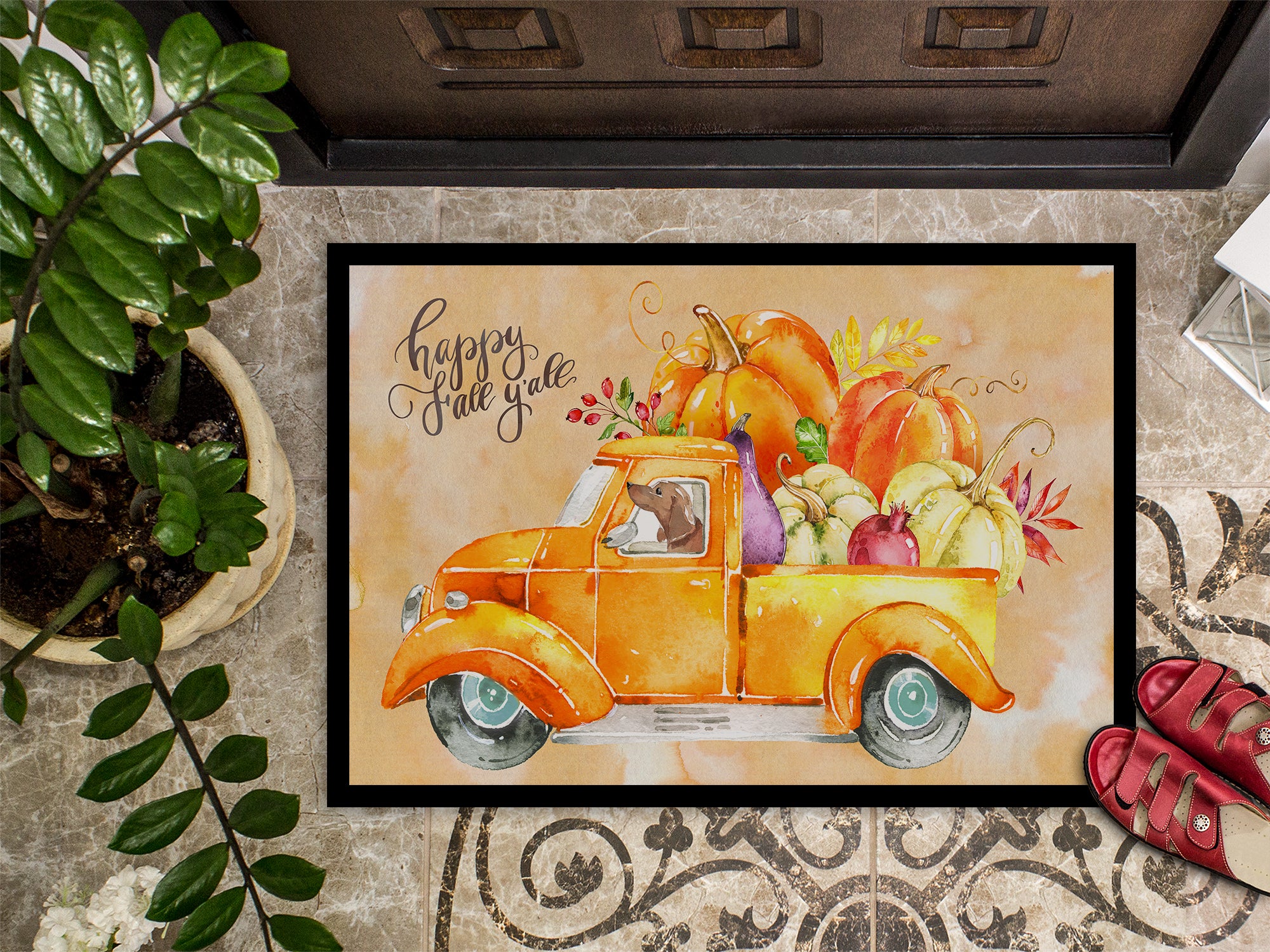 Fall Harvest Red Dachshund Indoor or Outdoor Mat 18x27 CK2677MAT - the-store.com