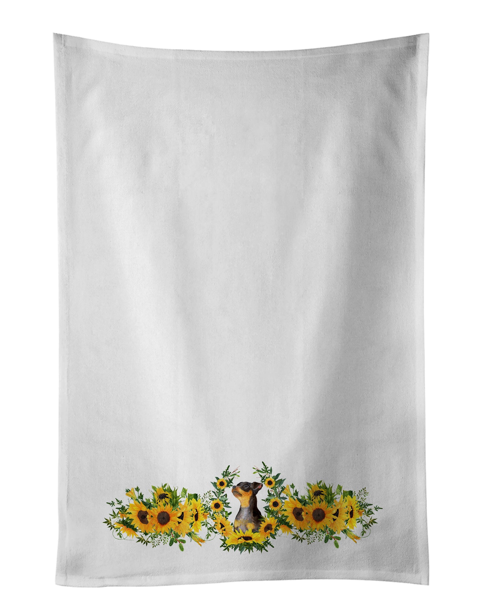 Buy this Miniature Pinscher #2 in Sunflowers White Kitchen Towel Set of 2