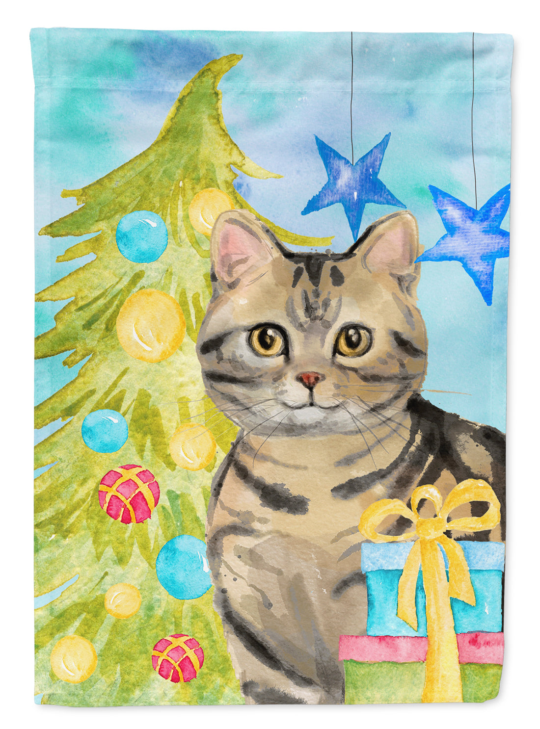 American Shorthair Brown Tabby Christmas Presents Flag Canvas House Size CK3118CHF  the-store.com.