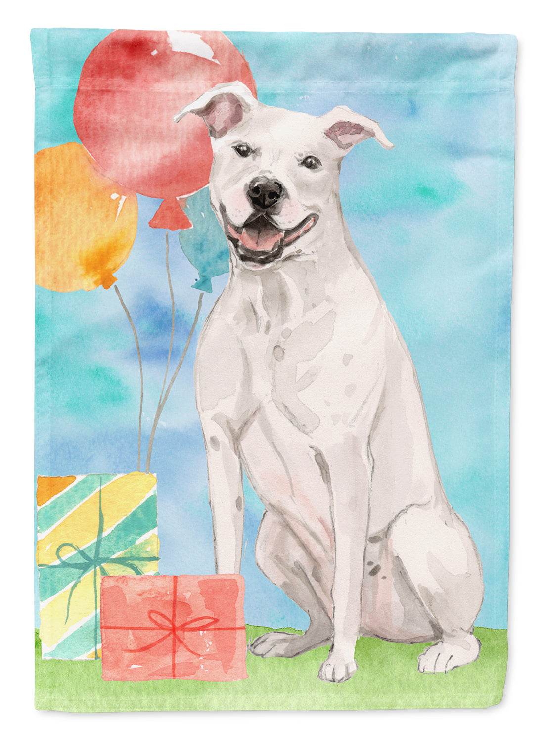 Happy Birthday White Staffordshire Bull Terrier Flag Canvas House Size CK3230CHF