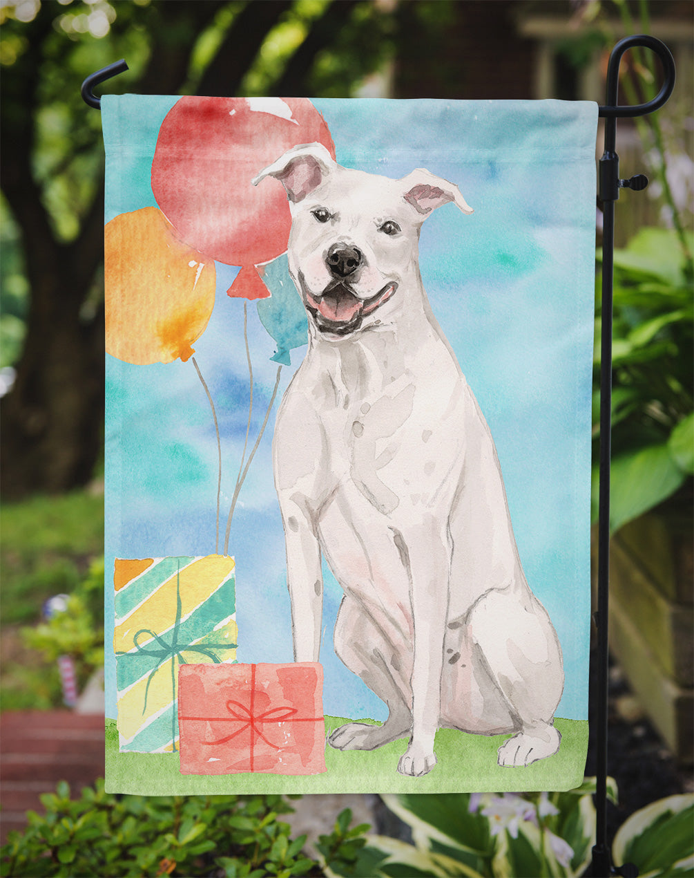 Happy Birthday White Staffordshire Bull Terrier Flag Garden Size CK3230GF