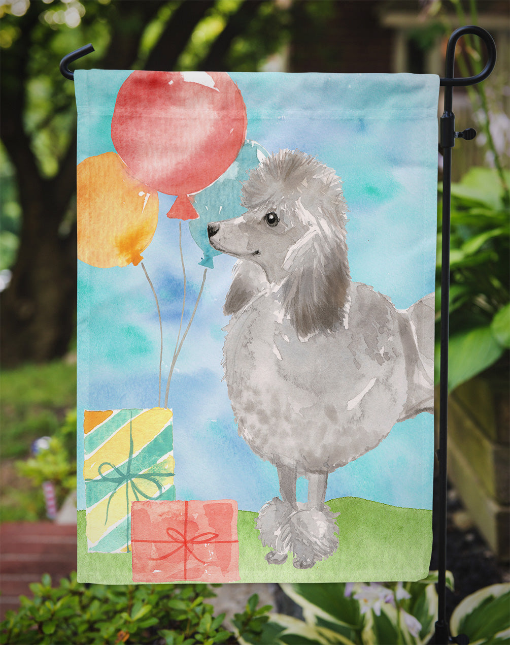 Happy Birthday Silver Poodle Flag Garden Size CK3254GF