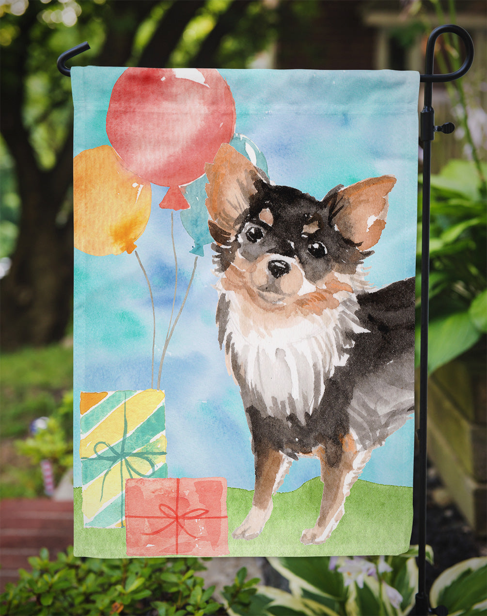 Happy Birthday Long Haired Chihuahua Flag Garden Size CK3258GF  the-store.com.